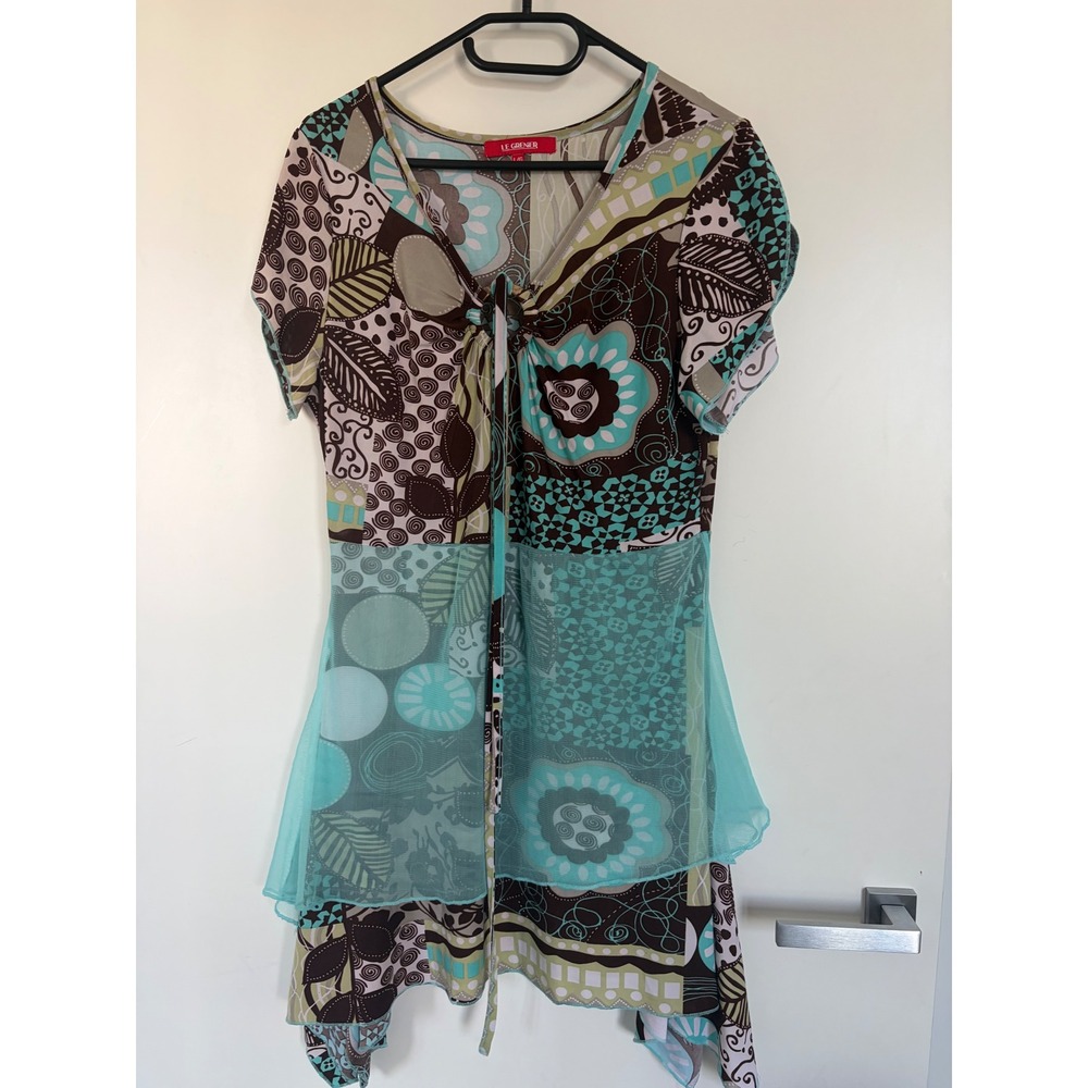 Le Grenier Vtg Y2K Asymmetrical Patchwork Tunic Top Turquoise Brown Large